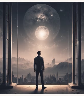 A futuristic scene with a person wearing a spacesuit standing beside an open car door on a foggy road. In the background, a massive spherical object is suspended in the air, connected by geometric lines and nodes, creating a surreal, otherworldly atmosphere.