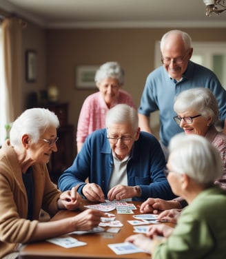 An elderly man wearing a green cap and striped shirt is leaning against a wooden partition inside a structure with open windows overlooking a serene body of water. The interior is dimly lit, and the scenery outside includes a cloudy sky and distant forested hills.