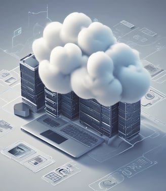 A cloud-shaped object with server racks is connected via cables to a computer monitor. The setup is surrounded by several black squares on a blue background, evoking concepts of cloud computing and data networks.