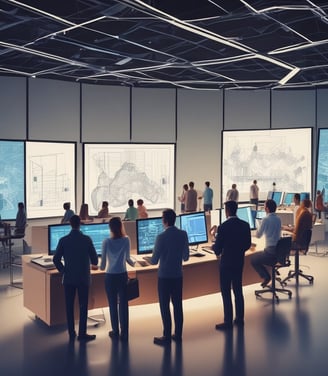 A conference room with a long wooden table surrounded by chairs covered in protective plastic. Multiple computer monitors are placed on tables against the walls, each displaying nature-themed images. The walls are lined with wood paneling, and a sign indicating a center for artificial intelligence is displayed at the front. There are decorative flower arrangements on the table, and the overall setup suggests a professional environment.