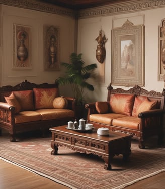 A well-decorated showroom with modern outdoor furniture including wicker chairs and tables, a sofa with cushions, and a carpeted floor. There's a mix of neutral and blue colors in the furnishings, along with decorative bird cages and potted plants. The large windows with white curtains allow plenty of natural light to brighten the space.