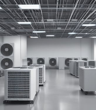A showroom displaying a variety of air conditioners neatly arranged on two walls. Each unit is placed on shelves with price tags and brand logos visible. The floor is polished and the ceiling has fluorescent lighting.