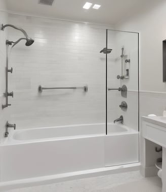 A modern bathroom features large, smooth tiles on the walls and floors, a sleek white countertop with built-in sink and storage cabinets, and a large illuminated mirror. Recessed ceiling lights provide ample illumination, and a walk-in shower with a glass partition is situated at the far end. A window allows natural light to enter, enhancing the minimalist aesthetic.
