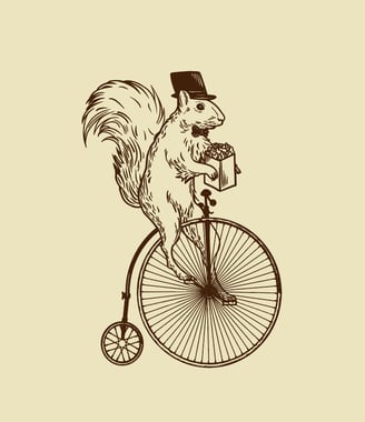 Hand-drawn squirrel, top hat, unicycle, vintage illustration, whimsical art