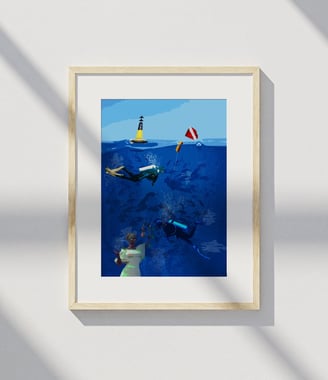 Framed underwater scene with scuba divers and statue