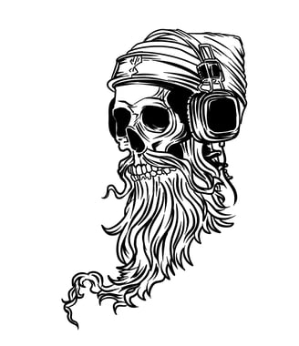 Black and white illustration, skull with headphones and beard, music artwork, rock and roll style
