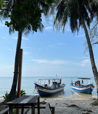 Barche ormeggiate sulla spiagge dell'isola di Penang, in Malesia