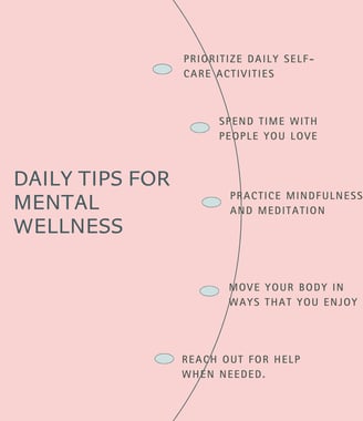 Pink background with text listing daily tips for mental wellbeing