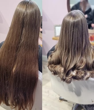 Before and after long brunette to silver style