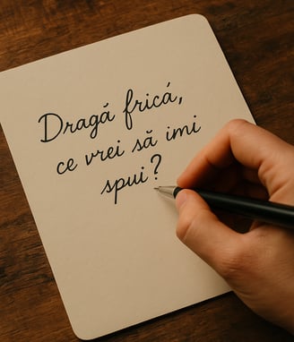 Mână scriind pe hârtie mesajul Dragă frică, ce vrei să îmi spui?