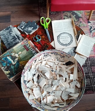 vintage french books are used for our pictures, and paper mache is made with magazine and eggs box