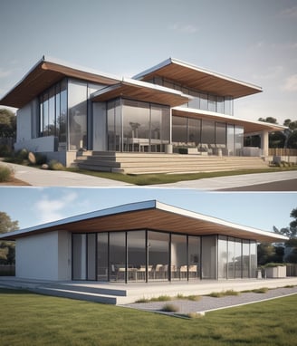 A modern architectural setting with large glass windows reflecting a softly lit interior. The foreground features a lush garden with various trees, shrubs, and rocks. There's a patio area with comfortable seating next to a small water feature, creating a serene outdoor living space.