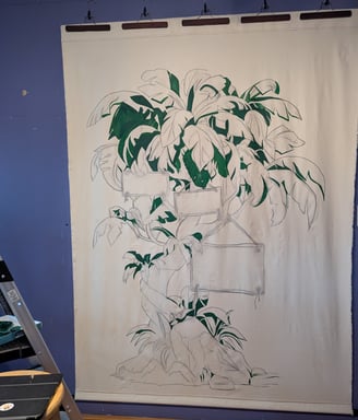 The darkest of the greens are laid in to define depth of the tapestry mural painting.