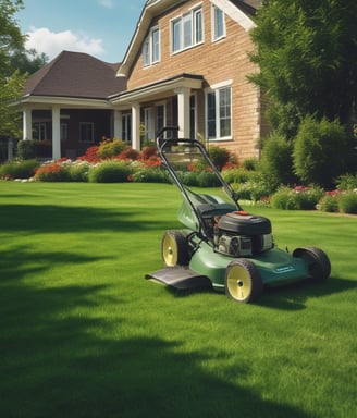A showroom displaying various garden machinery, including several red riding lawn mowers and a variety of power tools. The central focus is a red ride-on mower with an attached cart. The background features a large window with views of buildings outside.