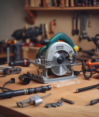 A showroom displaying various garden machinery, including several red riding lawn mowers and a variety of power tools. The central focus is a red ride-on mower with an attached cart. The background features a large window with views of buildings outside.