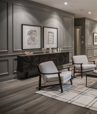 a living room with a couch and chairs