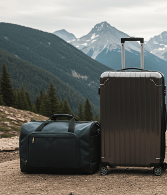 Travel backpack, suitcase, weekender bag, duffel bag with mountain background