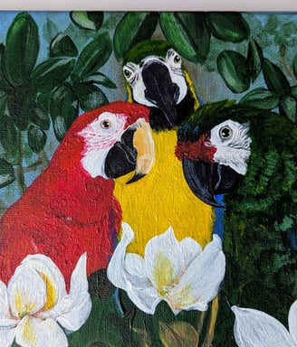 Three macaws in a magnolia tree small acrylic pet portraiture painting.