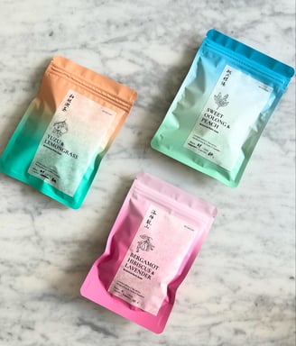 three different tea series botanical bath soaks. Premium day spa and self care product -single use.