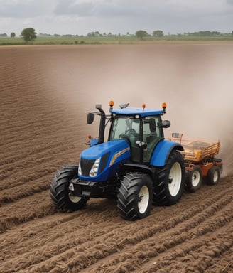 A large black tractor with big, textured tires is parked in an industrial outdoor setting. Adjacent to the tractor, there is a piece of orange agricultural machinery with metal components. In the background, parts of a building and some trees are visible.
