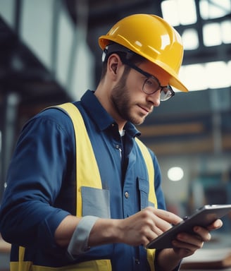 a man in a hard hat and a tablet computer on a factory floor no te olvdes de los ojos