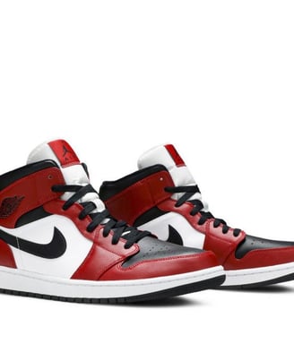 Air Jordan 1 Mid 'Chicago Black Toe' sneakers in black, white, and red with high-top design and Nike Swoosh