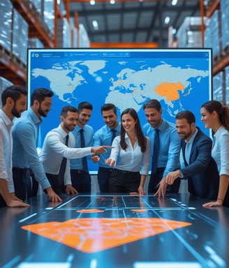 a group of business people standing around a large screen