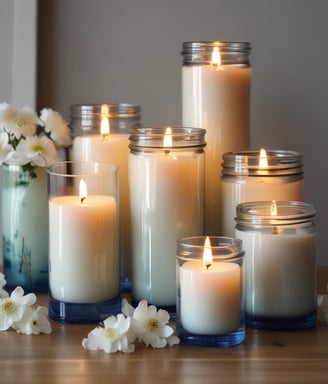 A white, sculptural candle is shaped like a torso, standing beside a box labeled 'Sunnyside' featuring an illustration of a figure with stars. Next to it, there is a lit candle with a geometric, bubble-like surface. The background is a soft, velvety blue fabric.