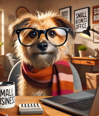 cartoon business dog in glasses and scarf sitting at a desk with laptop
