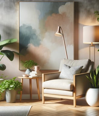 Escritório wellness com móveis ergonômicos e arte abstrata na parede.