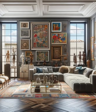 Espaço de um colecionador de arte brasileiro, com uma mistura eclética de pinturas e esculturas