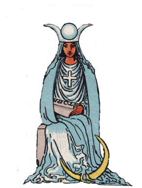 Tarot High Priestes a woman in blue gown wearing a triple moon crown
