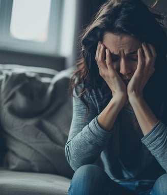 a woman sitting on a couch with her hands on her head