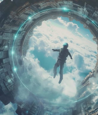 a man in a suit is flying through a circular shaped object