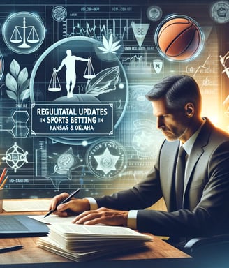 Middle-aged man in a modern office setting studying regulatory updates for sports betting.