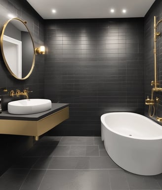 A tiled wall featuring a series of rectangular panels in varying shades of blue, situated in what appears to be an indoor setting. The tiles are clean and sleek, with overhead lighting reflecting off the surface, creating a geometric and modern appearance. The floor in front is tiled in light gray with dark trim along the edge.