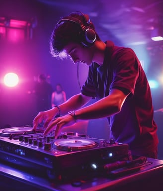 A DJ is performing in a dimly lit club environment, focusing intently on the turntable and mixer. Vibrant lighting effects create an atmospheric glow, bathing the equipment in shades of green and purple.