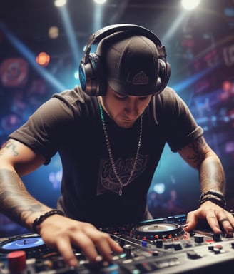 A DJ wearing headphones and a cap is focused on mixing music at a professional DJ controller. The background includes dim lighting and light beams creating a dynamic club atmosphere. The DJ has tattoos on his arms and appears engaged in his performance.