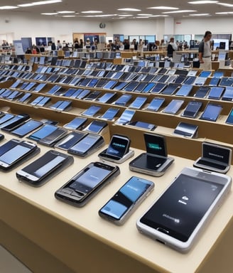 Several outdated electronic devices, including vintage computer monitors and printers, are stacked on shelves behind a glass window. The equipment is mostly beige with signs of wear and aging.
