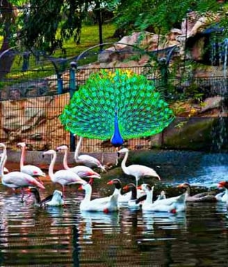 a group of birds and a peacock in a pond in paradise valley