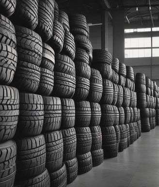 A modern showroom displaying various tires arranged neatly. The background features a bar-like area with red stools and a yellow accent wall. Tire racks display differently wrapped tires against a contrasting black and yellow theme. The lighting is bright, enhancing the contemporary design.