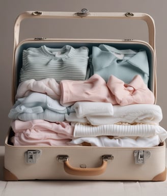 A baby lies on a white quilt surrounded by various baby care products, such as lotions, baby oil, and diapers. The baby is wearing a white diaper with colorful hair ties scattered around. Bright packaging and diverse product shapes create an organized composition.