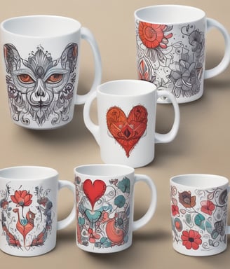 A Cricut mug press is displayed alongside a Cricut box featuring decorative designs for mugs, as well as other devices in the background. The scene seems to be set in a workspace or creative area.