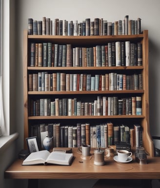 A collection of self-help and motivational books are neatly organized on a black bookshelf. On the top shelf, there is a small stack of books including 'Tuesdays with Morrie', 'The Magic of Thinking Big', 'Think and Grow Rich', and 'The Power of Now'. The bottom shelf displays a variety of books such as 'The Alchemist', 'Freedom from the Known', and 'The 7 Habits of Highly Effective People'. The setup suggests a personal library focused on personal development.