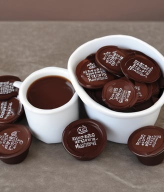 A neatly organized display of various coffee pods arranged in rows and columns on a wooden surface. The pods are housed in colorful packaging, varying from red, orange, and cream to darker shades. Below the pods, there are rows of capsules and promotional materials likely detailing different coffee flavors.