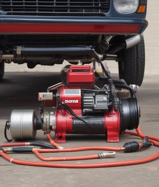 A display of various tools and equipment set against a red background with the Milwaukee logo. The items include a large yellow and black fan, several green battery chargers, and a red and black handheld tool. The setup is colorful and organized, suggesting a focus on industrial or workshop use.
