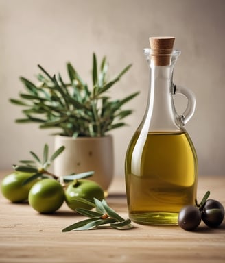 A bottle of Filippo Berio Extra Virgin Olive Oil is placed on a floral-patterned plate beside a small bowl of olives. A spoon rests against the bowl which is held by a silver holder. In the foreground, there is a glass dish containing olive oil. The background includes kitchen cabinets with plates displayed and a portion of a stove, creating a rustic kitchen setting.