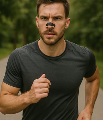 Hombre haciendo deporte usando una tira nasal negra RESPIRA+ sobre la nariz.