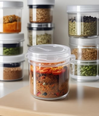 A transparent plastic storage container with black handles resting on a wooden floor. The container is partially wrapped in plastic. The background includes a gray fabric, possibly a curtain or a piece of furniture cover.