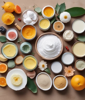 A collection of cosmetic and skincare products laid out on a white surface. These include facial masks, creams, and serums from various brands. The items are casually arranged, with some still in their packaging. The scene includes both rectangular and cylindrical packages with colorful labels.